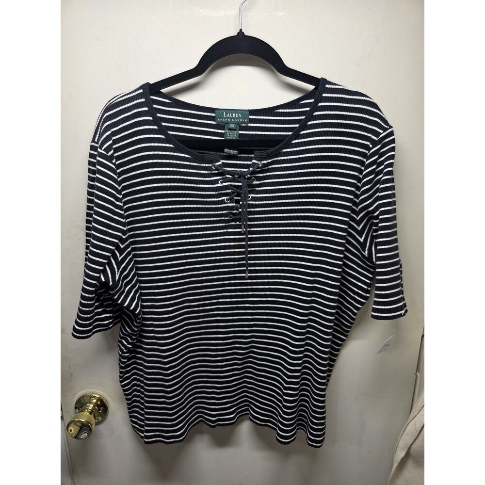 Lauren Ralph Lauren Black White Stripe 3/4 Sleeve Women's Plus Size 2X Top